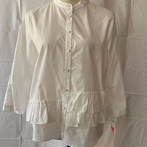 Zara Basic White Cotton Long Sleeve Blouse with Waist Ruffles